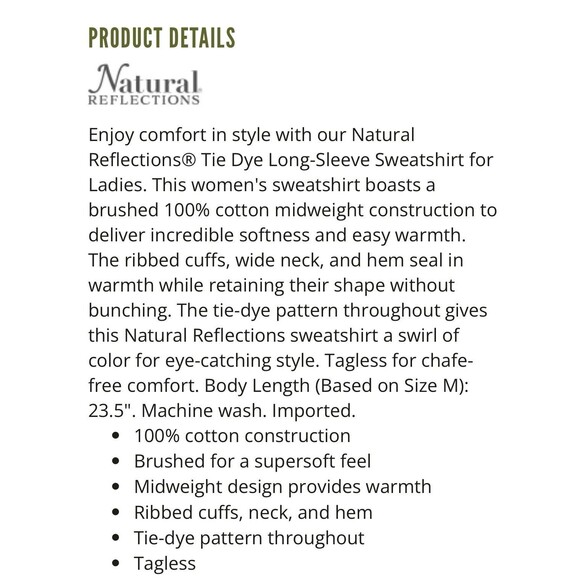 Natural Reflections Tie Dye Long-Sleeve Cotton Sweatshirt Women’s Size Large - Picture 3 of 11